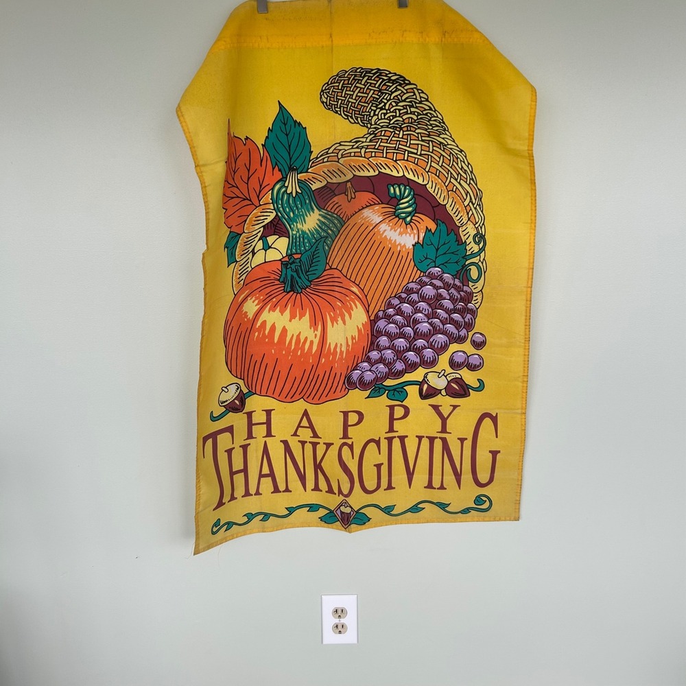 Vintage Garden Flag Yellow Happy Thanksgiving Cornucopia Harvest Decor Fall